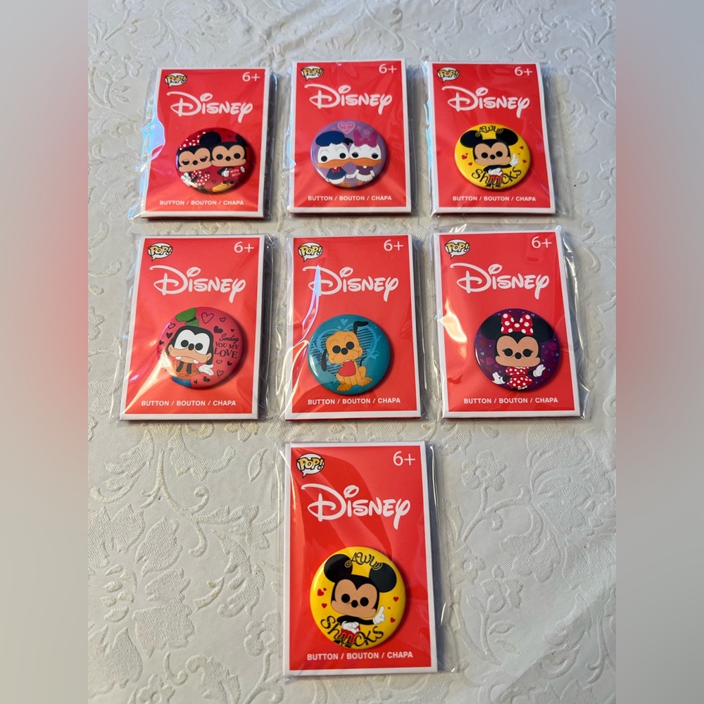 7 Disney Funko Pop Character Button Set - Valentine’s Day